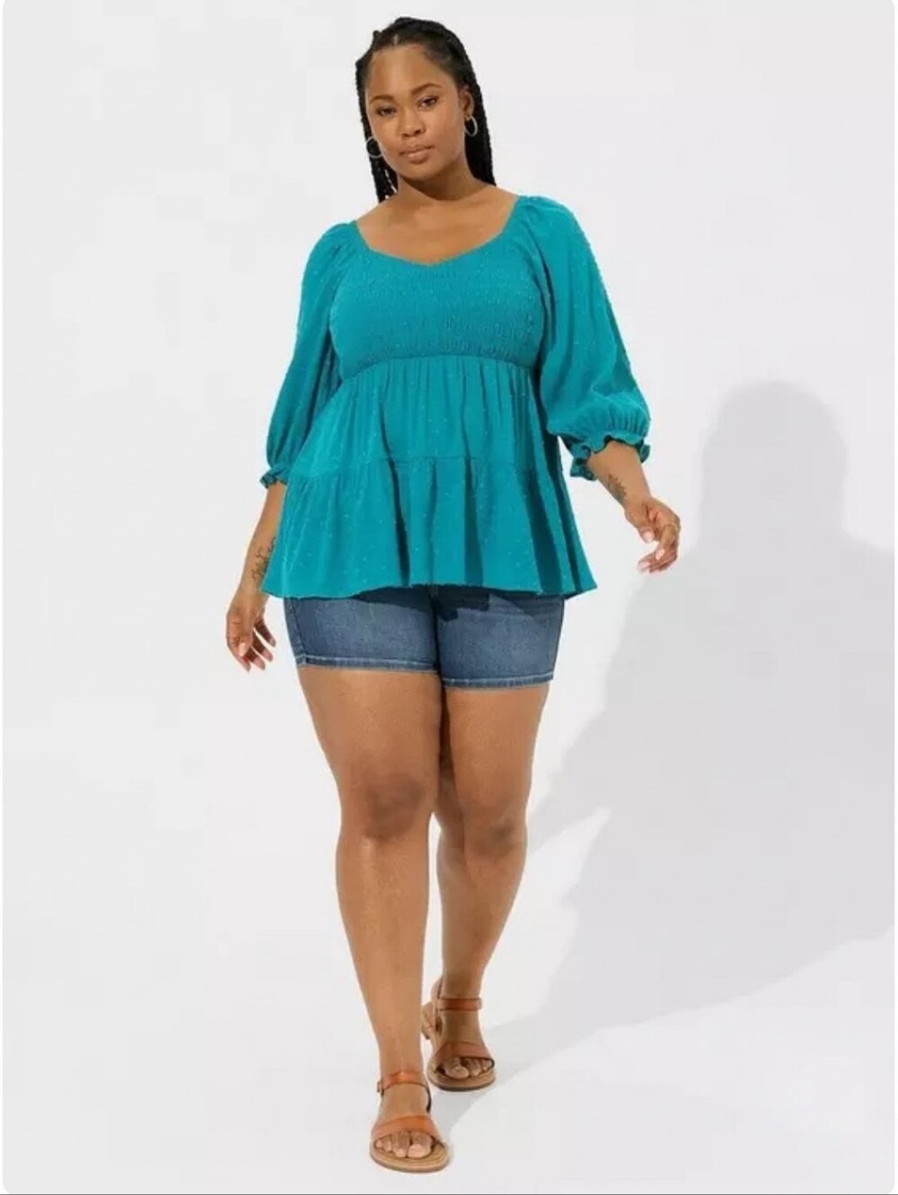 Torrid Plus Crinkle Gauze Smoked 3/4 Blouson Tiered Sweetheart Top Biscay Bay 1X - Picture 2 of 15